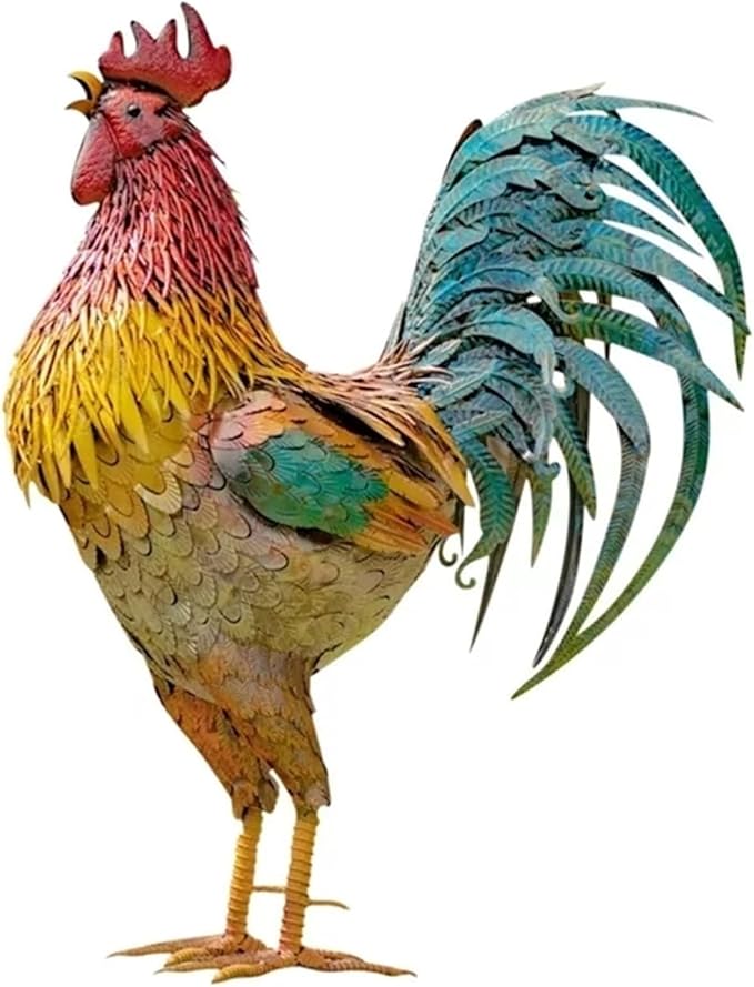 Large Flat Metal Rooster Yard Art, 12 Inch 2D Outdoor Chicken Sculpture Figurines, Garden Statues Outdoor Clearance, Metal Yard Art, for Farm Patio Lawn Back Yard Home Decorations (A)