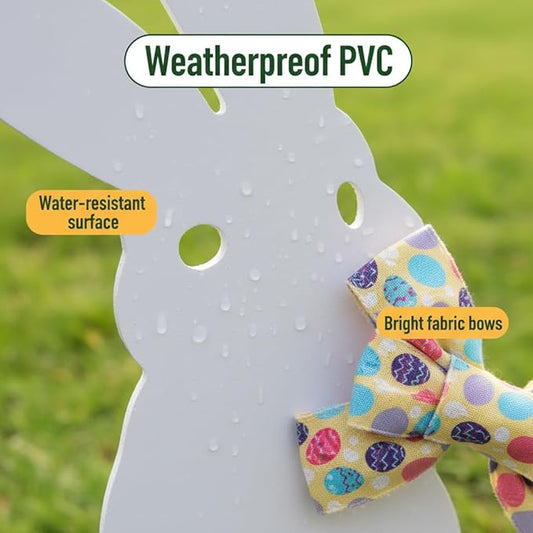 4PCS Easter Bunny Yard Decorations,Waterproof PVC Bunny Signs with Metal Stakes & Colorful Egg Bows for Outdoor Spring Garden and Lawn Decor