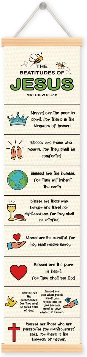 Bible Verse Canvas Banner, The Beatitudes of Jesus Banner, Christian Canvas Poster, Rustic Hanging Poster for Wall Decoration, Family Hanging of Scripture and Words Decorations 02