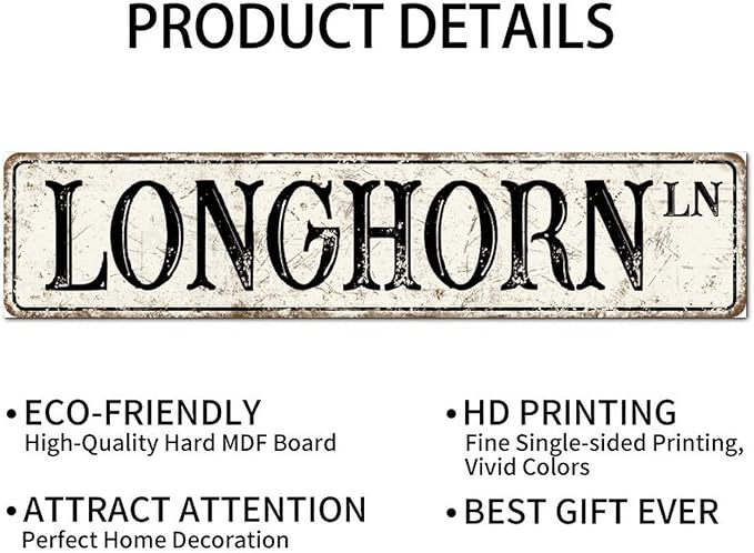 Madcolitote Personalized Longhorn Street Sign Vintage Longhorn Wood Signs Farmhouse Wall Art Rustic Wall Decorations for Living Room Home Decor for Home Bars Clubs Cafes Man Cave Party 4x18in