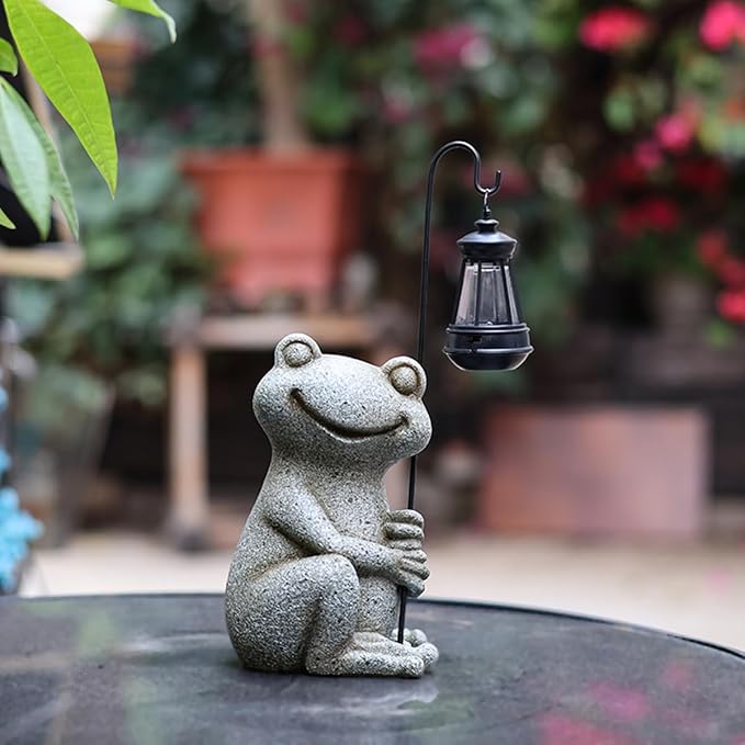 Solar Garden Statue, Cute Resin Animal Figurine with Solar Lantern Outdoor Decor for Patio Lawn Yard Pathway, Unique Housewarming Birthday Gift for Mom and Grandma (Frog)