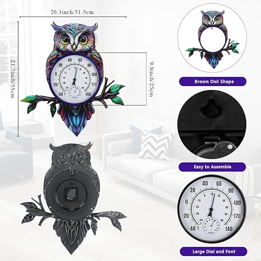 22" Outdoor Thermometer, Large Metal Indoor Wall Thermometer, Printed Owl Outside Thermometer with Large Number for Patio Home Room Decor