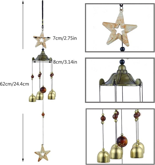 BWinka Star Wind Chimes for Outside with 5 Brzone Chime Bells, Rustic Wind Chime Hanging Decor for Garden Patio Yard