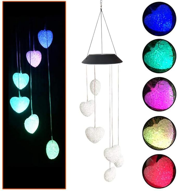 Tvoip Color Changing LED Solar Power Lamp Heart Wind Chimes Garden Decoration Yard Waterproof LED Light Lighting Hanging Decor (Heart)