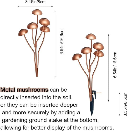 6.5" Metal Mushroom Garden Statue Decor (2-Pack) - Rust-Proof Iron Mushroom Stakes for Outdoor Lawn, Yard, & Patio - Flower Pot Ornament, Creative Gift for Garden Lovers (Stakes & Straps)