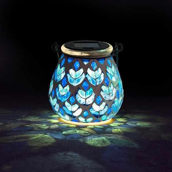Stargarden Mosaic Solar Lanterns, Table Lamp for Garden ,Patio,Yard Decor Blue Glass Hanging Lantern Waterproof Outdoor Hanging Solar Lights