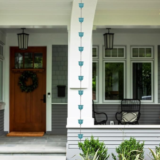 8.2ft Rain Chains for Outside, 10-Cup Lotus Rain Chain Replacement Downspout for Gutters, Eaves, Drainage, Adjustable Length(Light Blue)