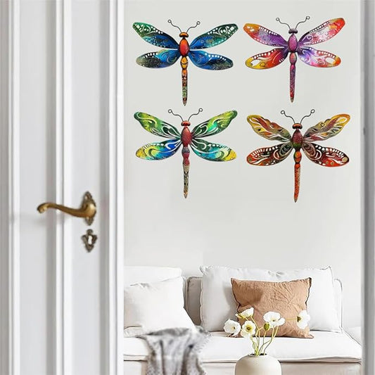 Zmvyw Set of 4 Dragonflies Metal Sign Art Decor,4Pcs Colorful Dragonfly Silhouette Wall Hanging Gifts for Birthday Housewarming,Dragonfly Ornament Decorate for Fence Garden Yard Patio Farmhouse Ranch