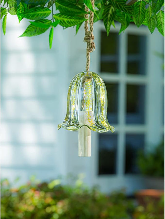 Evergreen Colorful Art Glass Bell Wind Chime | Yellow| Solid Wood Striker | Natural Deep Tone | 7 Inches Tall | Beautiful Gift for Patio, Garden, Outdoor Home décor