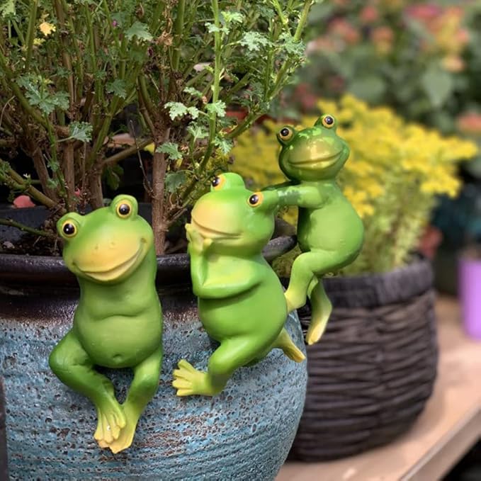 3 PCS Cute Frog Hanging Pot Decorations Statue, Resin Pot Climbing Sculpture Outdoor Statues, Frog Yard Decorations Outdoor