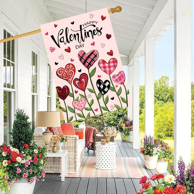 Happy Valentines Day House Flag 28 x 40 Double Sided Love Heart Floral Garden Decorations Spring Holiday Anniversary Yard Banner 12x18 Inch Double Sided for Outside