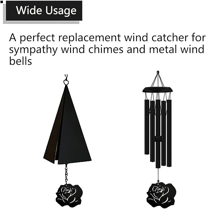 Replacement Wind Catcher, Wind Chime Sail Replacement with 16.4FT Nylon Cord, Metal Wind Chime Parts Replacement for Sympathy Wind Chimes and Wind Bells, Black Rose