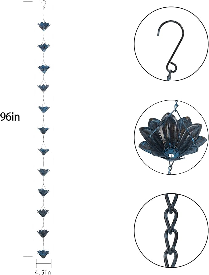Topadorn Rain Chain Decoration 8.5 FT., Rain Catcher Chain Gutter Downspout 102'' for House Eaves, Garden & Home, Iron Flower Cups Design Rain Chains