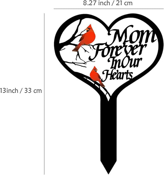 AIM & GGKK Memorial Stake for Mom - Metal Heart Grave Marker with Red Cardinals, Memorial Plaque Cemetery Decor for Grave, Garden Gravesite