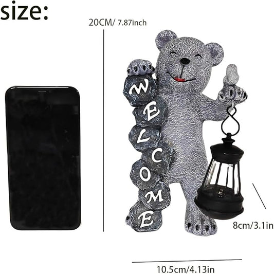 Bear Figurine Light Solar Powered Led Light- Welcome Lawn Decor Bear Garden Statues for Patio, Balcony, Yard Ornament, Outdoor Figurine Light House Housewarming Gifts, 7.8x4.13inch
