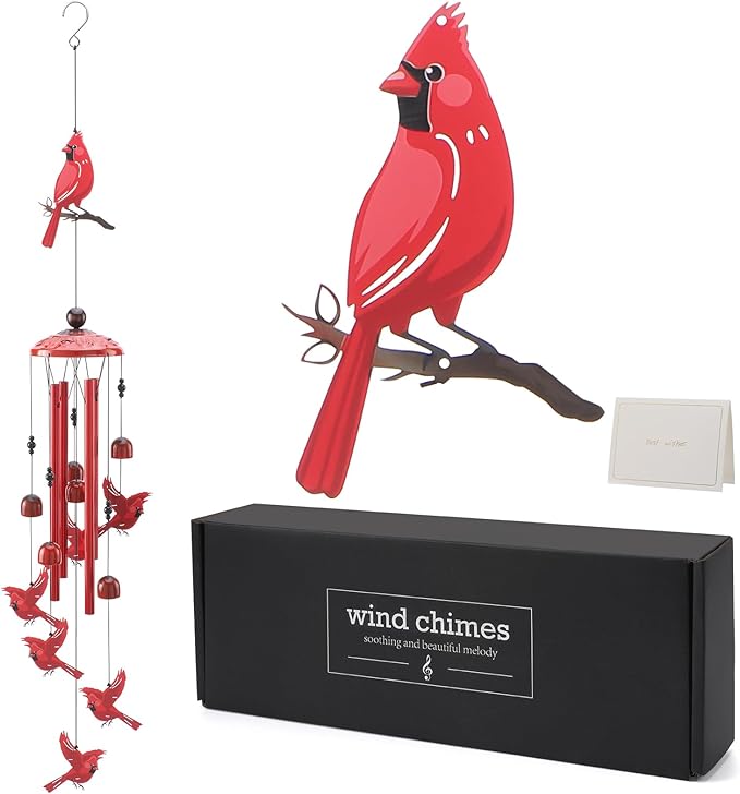 Cardinal Wind Chimes for Outside - Christmas Outdoors Cardinal Gifts Metal Inspirational Christian Windchimes with Greeting Cards Garden Decor Sympathy Memorial Yard Gifts for Christmas New Year