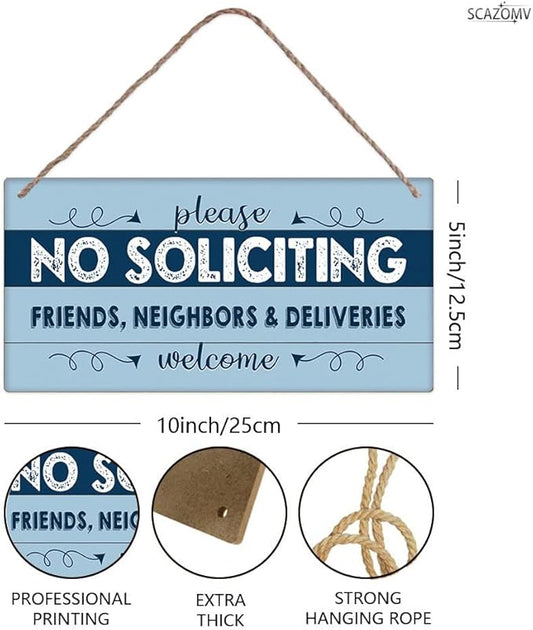 SCAZOMV Please No Soliciting Friends Neighbors Deliveries Welcome Thank You Funny Rustic Wood Front Door Sign Vintage Outdoor Wall Art Hanging Plaque Porch Yard Home Farmhouse Decor 10''x 5''