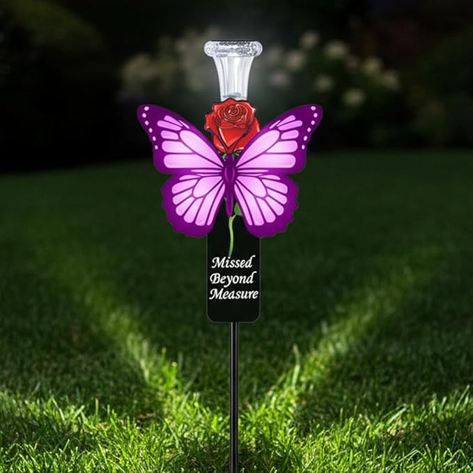 Solar Purple Butterfly Memorial Stake - Missed Beyond Measure Engraved Metal Grave Decorations, Sympathy Gifts for Loss of Sister Daughter Mom (Butterfly)