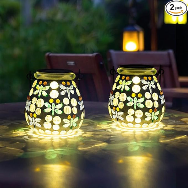 Stargarden 2 Pack Mosaic Solar Lanterns Outdoor Waterproof, Dragonfly Hanging Lantern Decorative Glass Solar Lights for Yard, Patio, Lawn, Gaden Decor