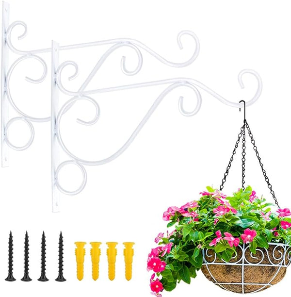 KABB Hanging Plant Bracket, 2 Pcs 10 Inch Iron Decorative Wall Planter Hanger Hooks for Hanging Plants Flower Baskets Wind Chimes Bird Feeders, Indoor Outdoor Rustic Home Decor, White