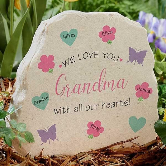 Personalization Universe All Our Hearts Personalized Standing Garden Stone - Outdoor Decor for Garden or Walkway, for Grandma, Mother's Day, Family Memorials, Customizable Title and Names