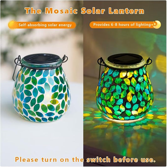 Starsoul Solar Lanterns Outdoor Waterproof, Unique Green Mosaic Glass Solar Garden Lights, Decorative Outdoor Lantern for Outside Patio Pathway Porch Yard Table