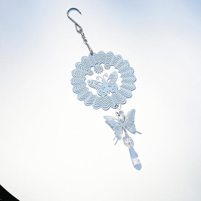 LONGSHENG - SINCE 2001 - Rainbow Maker Crystal Sun Catcher Wind Spinner for Indoor Outdoor Hanging Decor, with Silver Butterfly and Hook Decorative for Window Home Garden Birthday Gift