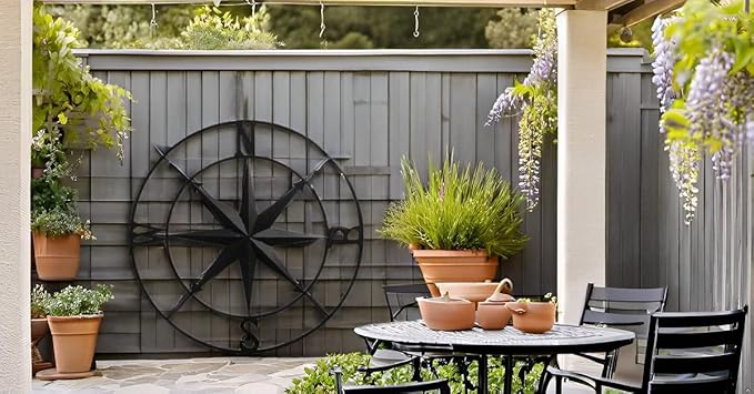 Nightclawing Nautical Compass Wall Decor, Coastal Nautical Beach Decor, Porch Patio Travel Adventure Wall Hanging, 41" (Black)