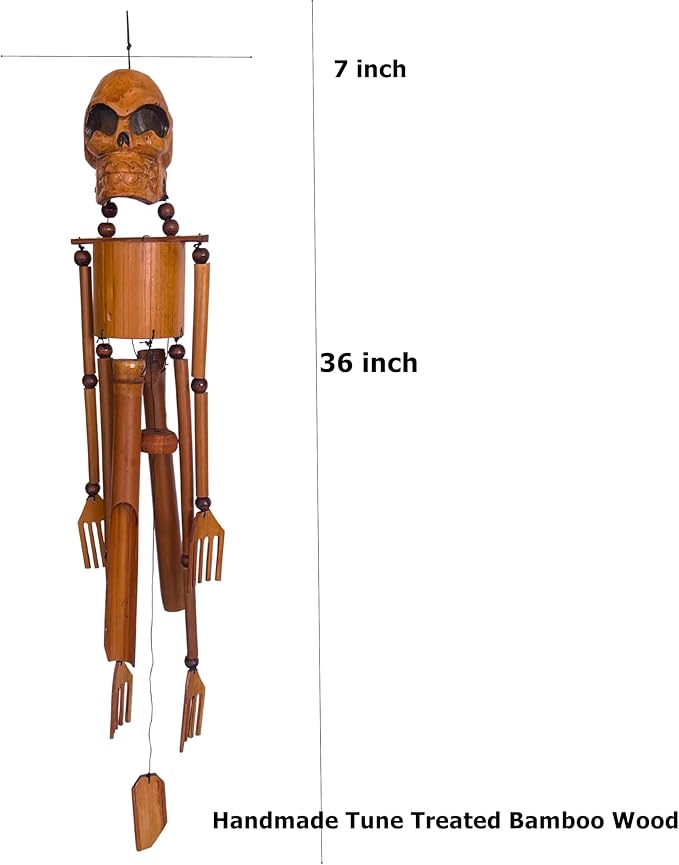Bellaa 24773 Handmade Bamboo Skull Wind Chimes - 36 Inch Outdoor Garden Decor, Gothic Halloween Skeleton Design from Bali Indonesia, Weather Resistant Patio Yard Art