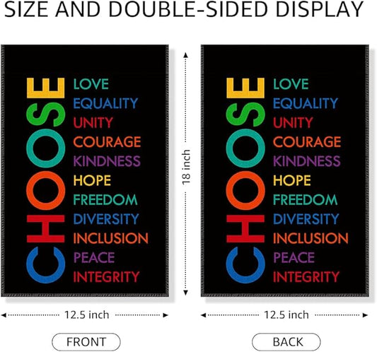 Choose Love Equality Garden Flag, Funny Social Justice Yard Flag for Outside, Kindness Feminist Lawn Garden Flag, Equal Rights DEI Supporter Community Liberal Peace Garden Banner