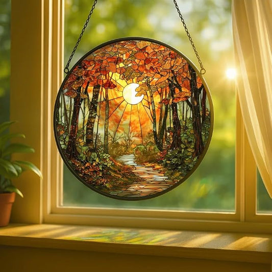 Stained Glass Window Hanging - Autumn Sunlight Through Woods 9.8in Sun Catchers Indoor Stained Glass Panels Wall Decor for Mom,Wife,Lovers,Festive