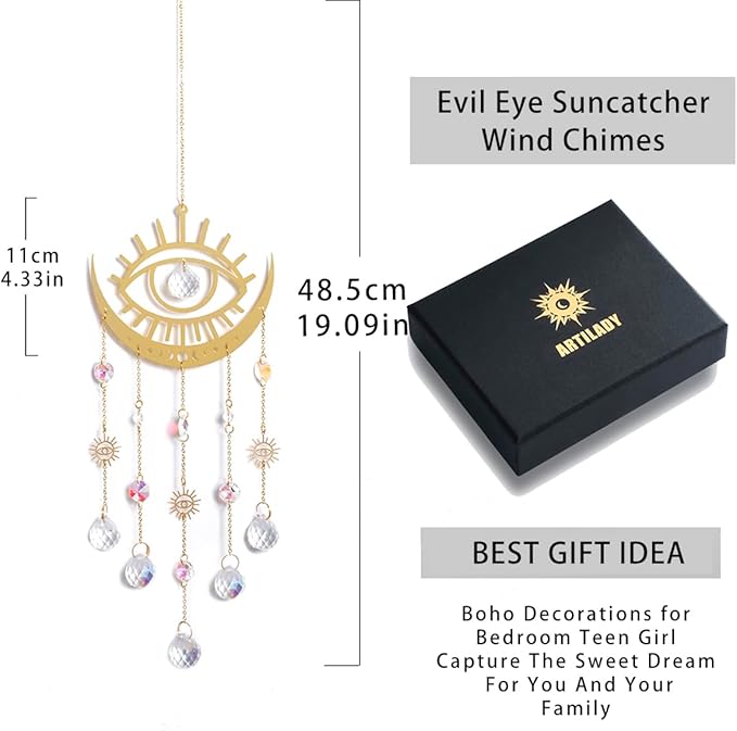 Artilady Evil Eye Garden Suncatcher - Large Prisms Crystal Ball Wind Chimes for Outside Sun Catcher Indoor Window Boho Witchy Room Home Bedroom Decor Christmas Housewarming Gift for Her