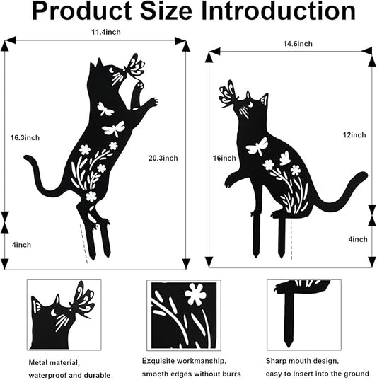 Flohuaer 2PCS Cat Metal Garden Stakes Decorative Unique Gifts for Women/Men Cat Lovers Black Silhouette Statues for Outside Yard Art Outdoor Patio Lawn Ornaments Garden Decorations