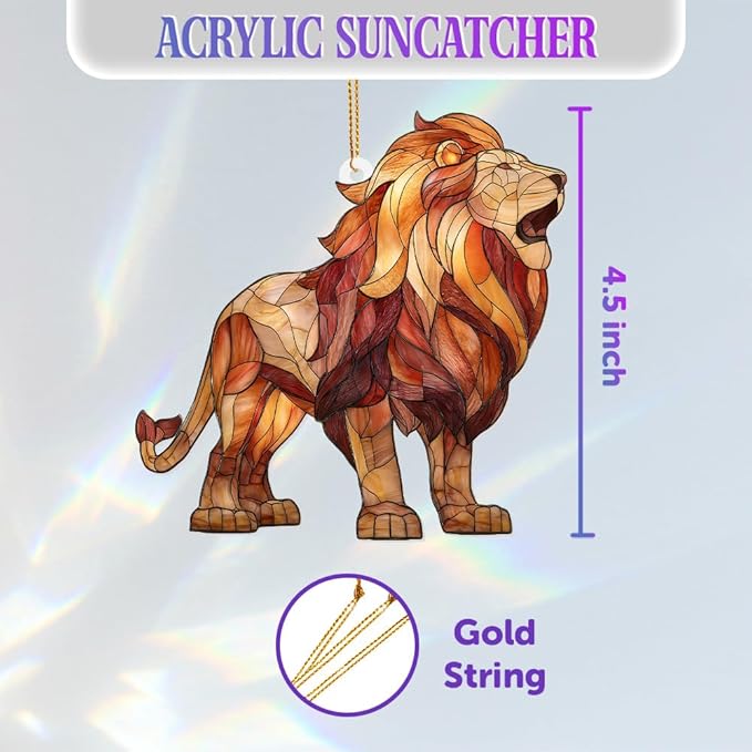Lion Stained Glass Ornament Acrylic Window Hanging Sun Catcher โ Wildlife Animal Decor for Christmas Tree, Rearview Mirror, Home & Car Accessories, Safari Gifts for Men Women, Symbol of StrengthSun-26