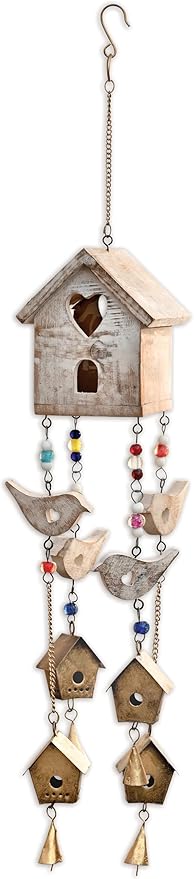 Sunset Vista Designs Windchimes - Wooden Birdhouse Beaded Windchime with Bells & Birds, 21" Long, Whitewash