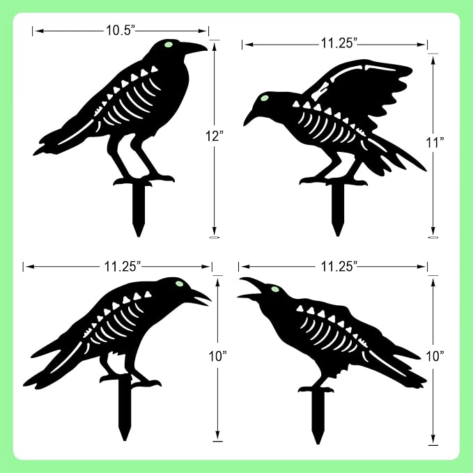 Halloween Decorations Outdoor,Metal 4 Pack Black Crow Garden Stake - Spooky Glow in The Dark Raven Silhouette Crows Halloween Decorations