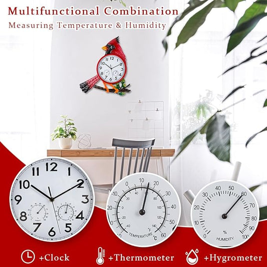 Large Outdoor Clock with Thermometer & Humidity - Silent Non-Ticking, Cardinal Outdoor Wall Clock for Patio, Garden, Kitchen, Living Room(Red)