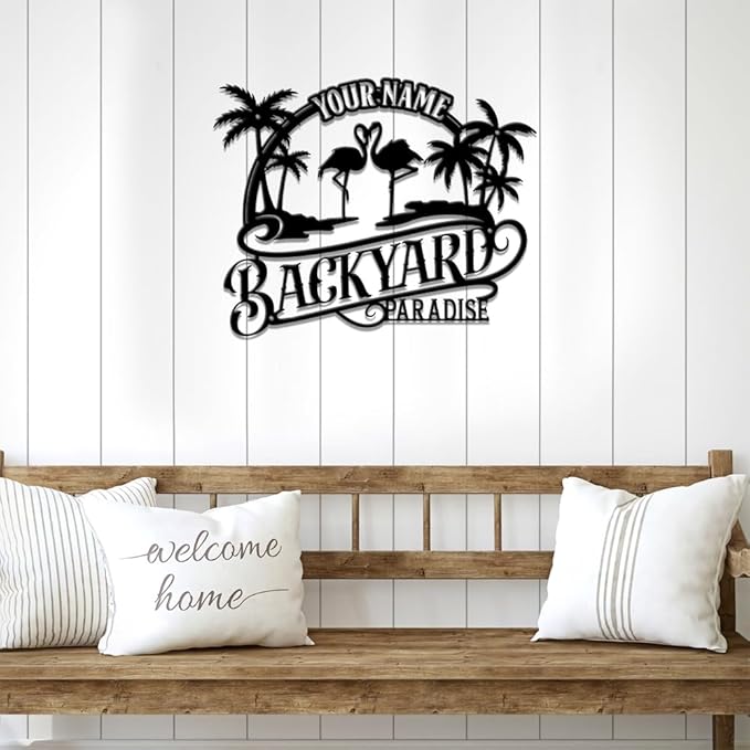 MeMate Personalized Outdoor Sign - Flamingo House Metal Sign for Porch Deck Backyard Patio Pool - Perfect Housewarming Gift