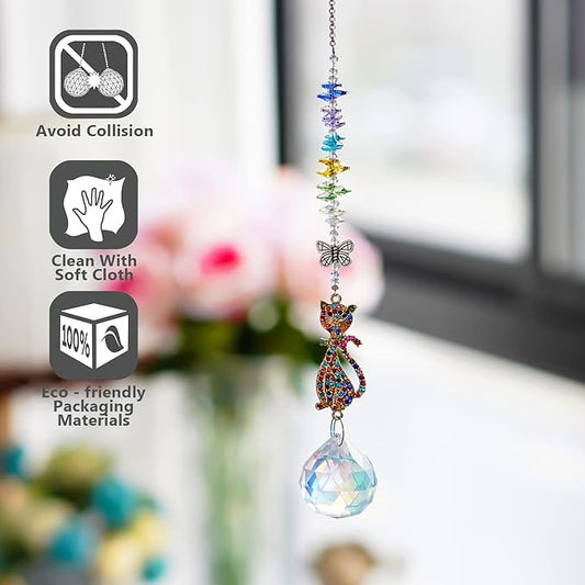 Rhinestones Suncatchers Crystal Cat Shaped Window Hang Pendant, Rainbow Crystal Prisms Ornament Car Sun Catcher Gift for Lady Women Mother