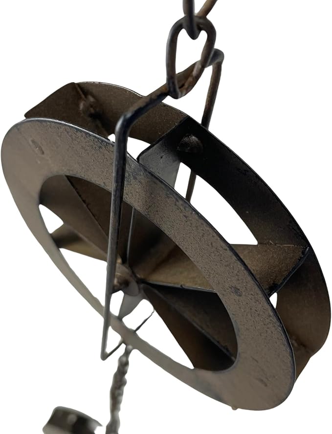 Things2Die4 78-Inch Metal Rain Chain with 6 Water Wheels & Weighted Bell, Rustic Brown Finish, Decorative Downspout Alternative for Rainwater Collection, Outdoor Garden Décor