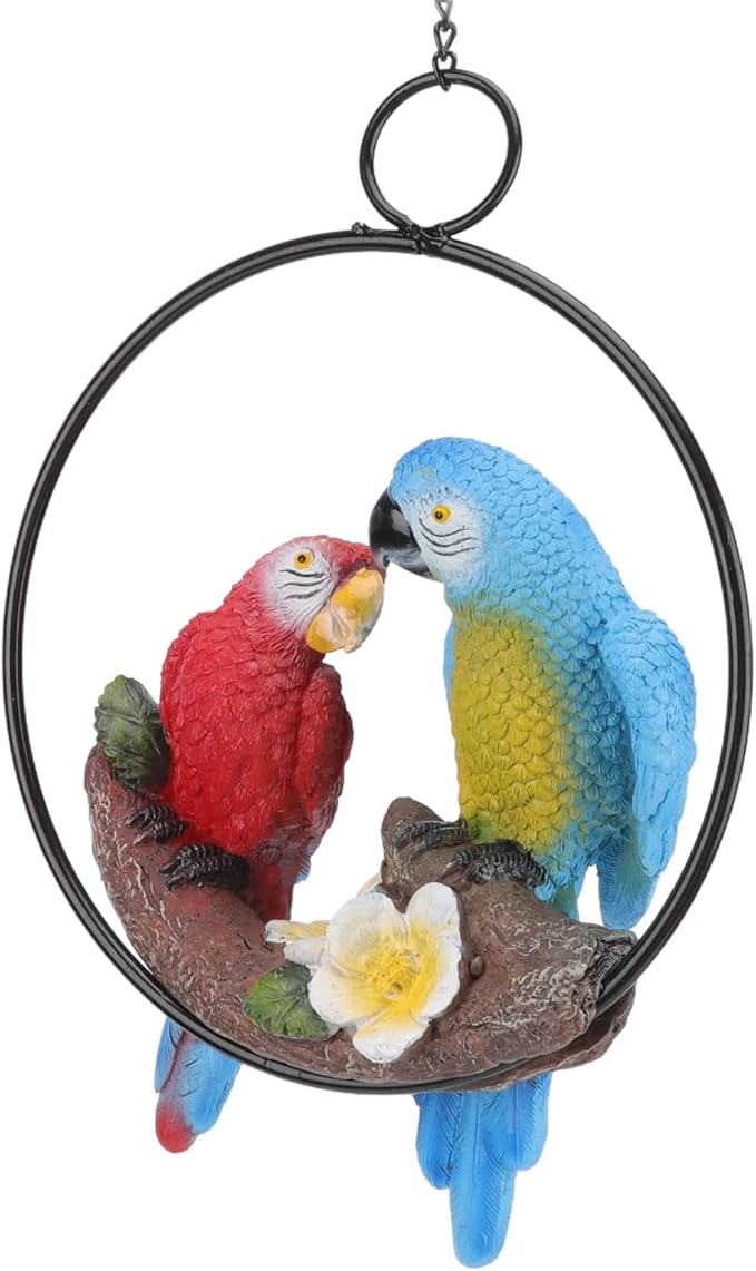 Parrots Hanging Statue,Garden Iron ringsParrots Pendant, Bird Model Crafts Courtyard Balcony Decorations,Small Red Blue Macaw for Patio Garden Lawn Window Tree