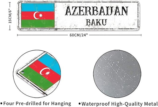 Azerbaijan Street Signs Azerbaijan Flag Metal Sign Capital City of Azerbaijan Metal Sign Road Rustic Wall Art Farmhouse Decorative Sign Home Decoration Gift for Foreign Friend, Neighbor 24x6inch