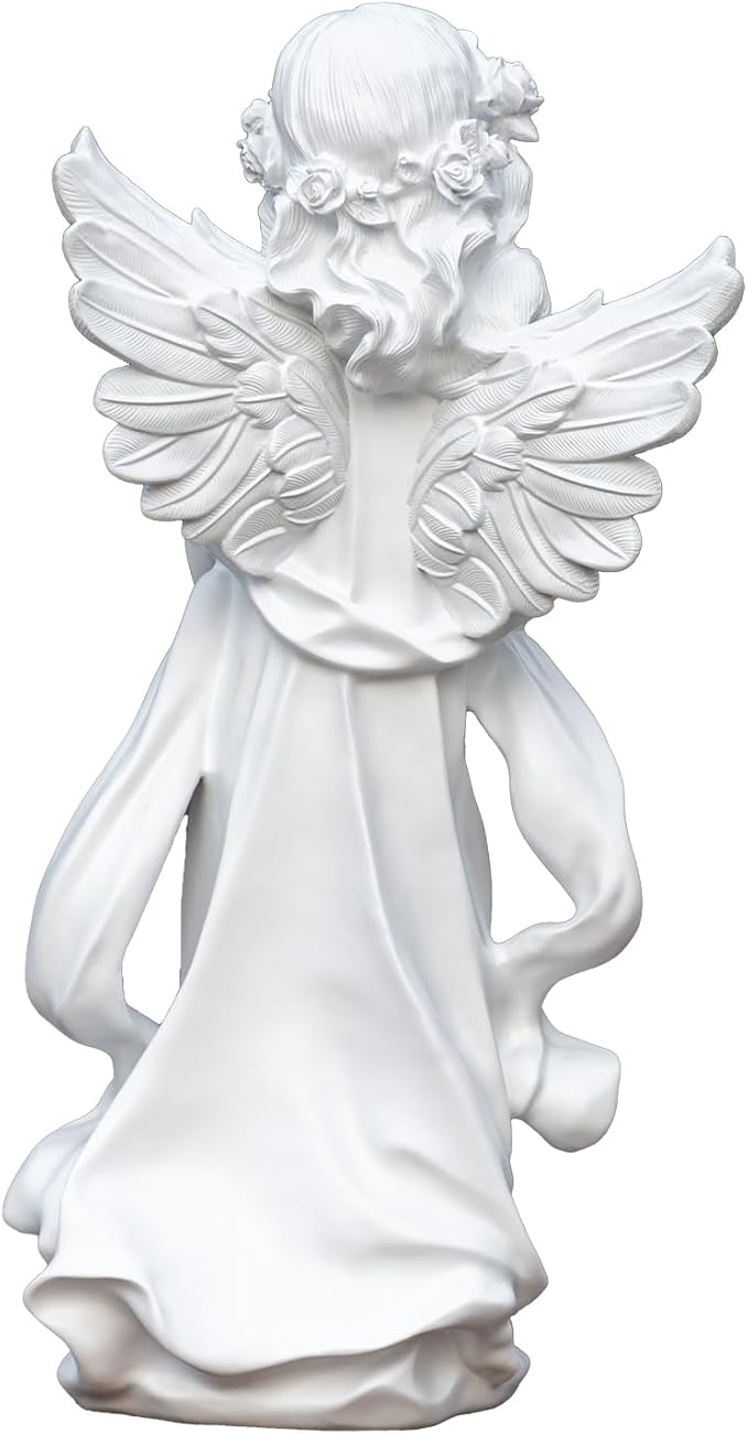 Garden Large-Sized Angel Statue, 25.9 x 12.5 x 10.2 inches, White Resin Outdoor Sculpture, Floor Mount Home Living Room Decoration
