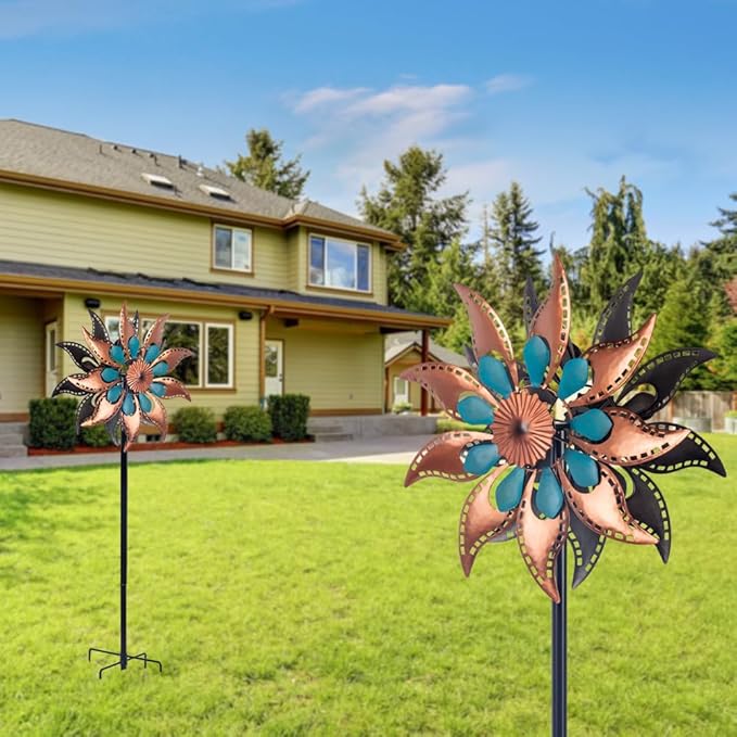 VEWOGARDEN Metal Wind Spinners Outdoor Kinetic Flower Wind Spinner for Outdoor Garden Lawn Patio Decorations, Antique Bronze & Blue