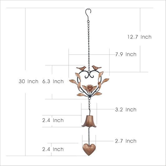 Yamfurvo Antique Metal Bird Wind Chime, Portable Floral Heart Shaped Wind Bell with Hook and Wave, Decorative Chime with Musical Sound for Garden, Patio, Balcony, Gold