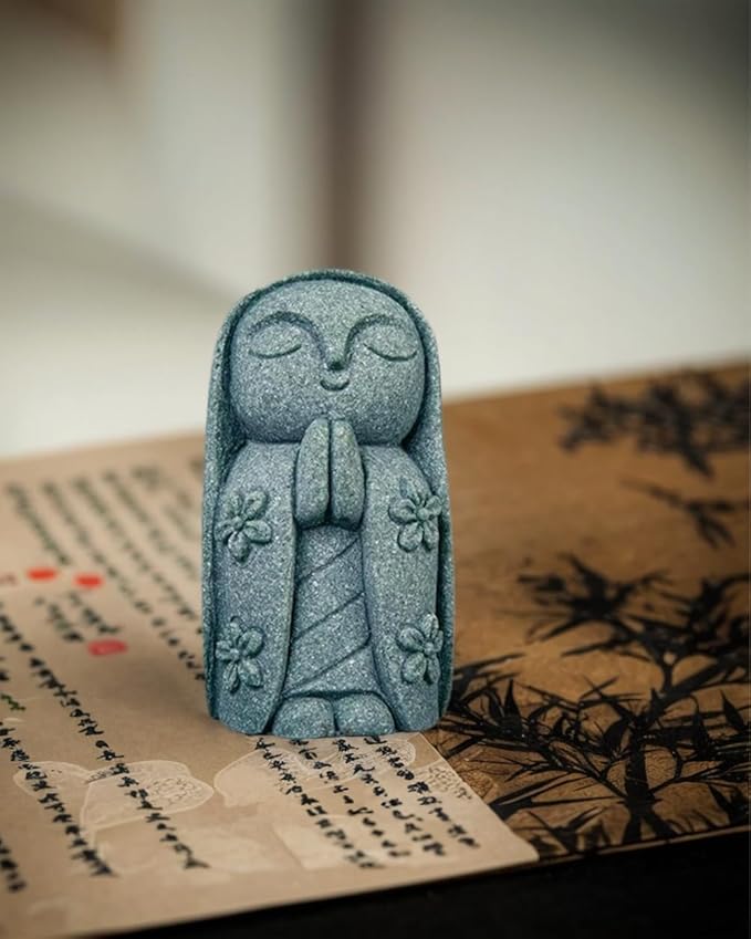 Mini Monk Buddha Jizo Statue - Green Sandstone Small Zen Figurine for Home Decor, Aquarium Fish Tank Landscape Bonsai Garden Ornament (Style 8)
