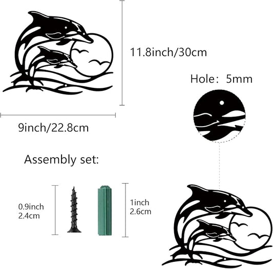 CREATCABIN Dolphin Sunset Metal Wall Art Coastal Seagull Black Iron Wall Silhouette Decor Modern Abstract Hanging Sculpture Ornament Art Plaque for Hotel Bedroom Housewarming Gifts 11.8 x 9 inch