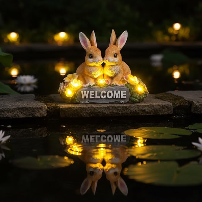 Solar Rabbit Garden Statue 5.9" Resin Bunny Statue with Welcome Sign Rabbit Figurines Light Decorations for Patio Yard Lawn Ornaments Easter Housewarming Birthday Gifts for Women Mom Grandma Wife