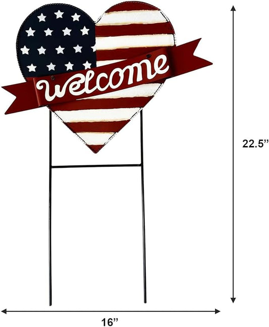 USA Flag Heart Welcome Lawn Sign – 22.5" x 16" Metal Garden Decorative Stake, Patriotic Yard Decor, American Flag Outdoor Decor for 4th of July, Red Blue & White Metal Sign, Memorial Day, Veterans Day, Rustic Americana Lawn Decoration