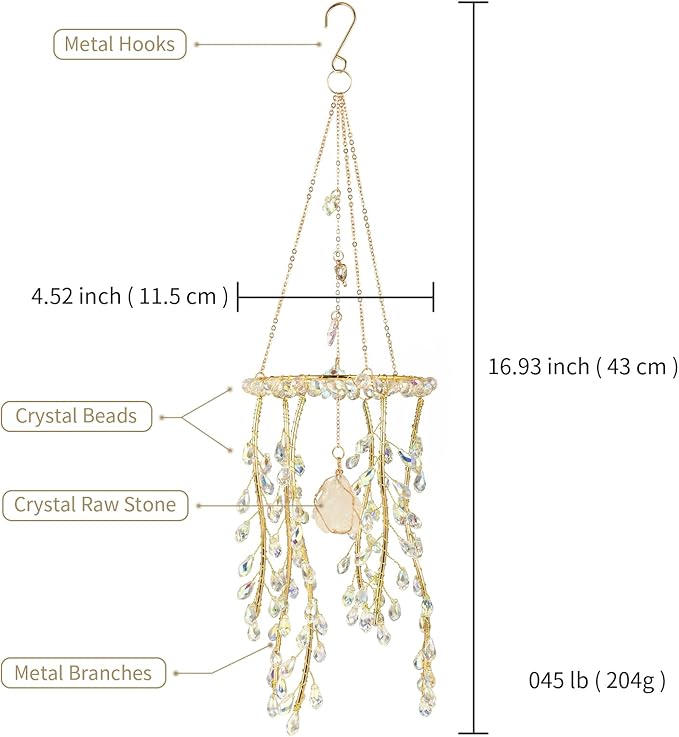 Crystal Hanging Suncatcher with Natural Stone, 16.9 Inch Decorative Wind Chime, Gold Chain & Branch Design (Aurora)